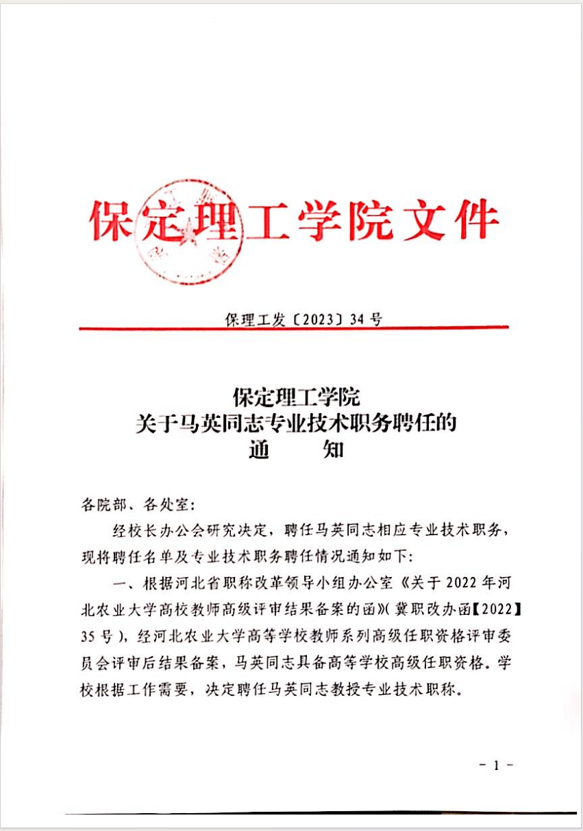 保定理工學院關(guān)于馬英等同志專業(yè)技術(shù)職務聘任的通知